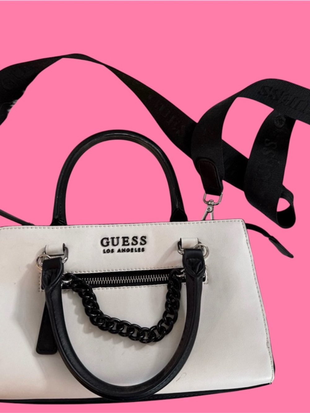 GUESS White and Black Logo Chain-Accent Satchel